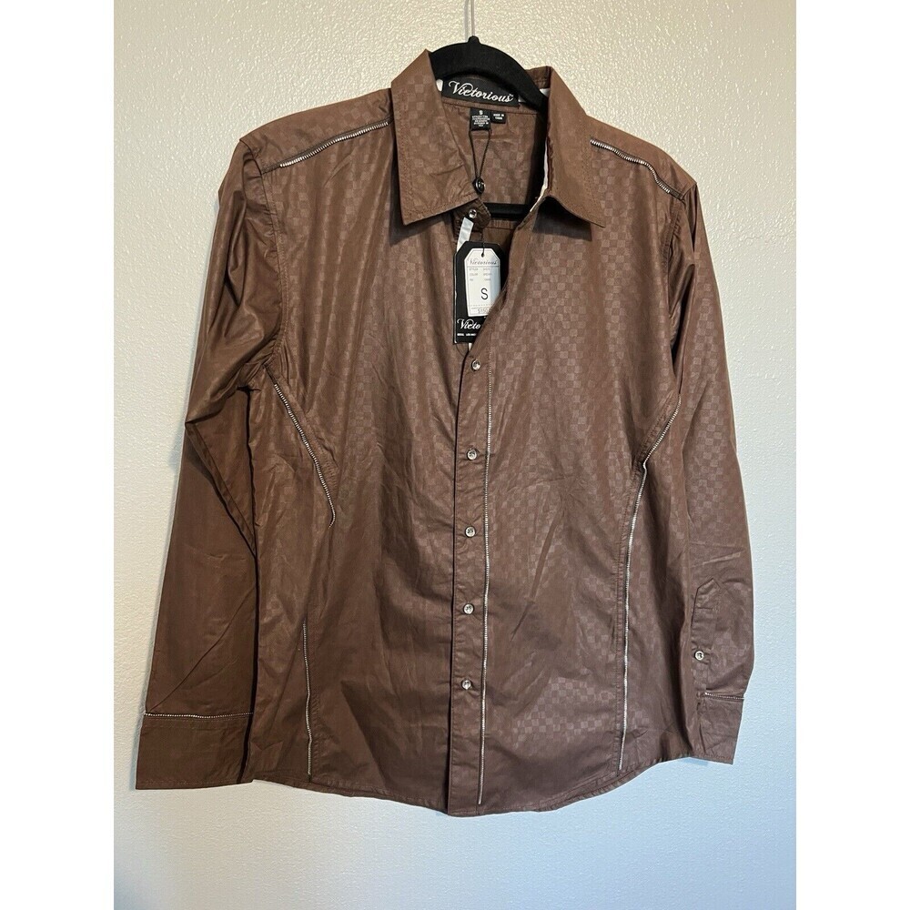 Victorious Mens Dress Button Up Shirt Size Small Brown Check Y2K